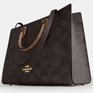 Coach Maggie Tote Bag In Blocked Signature Canvas - Gold/Walnut/Tan - Image 9