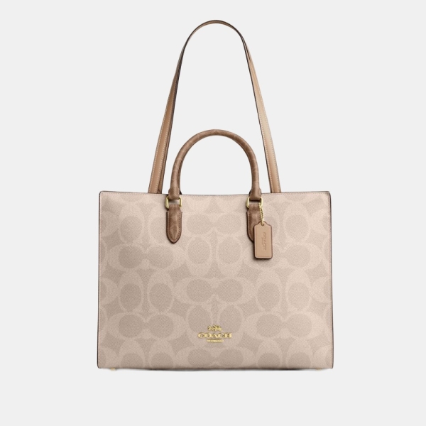 Coach Maggie Tote Bag In Blocked Signature Canvas - Gold/Sand/Tan