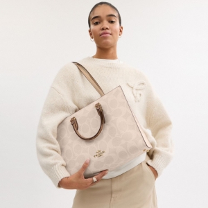 Coach Maggie Tote Bag In Blocked Signature Canvas - Gold/Sand/Tan - Image 3