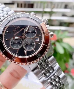 Michael Kors Chronograph Watch - Silver-tone, Black, and Rose Gold