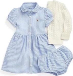 Ralph Lauren Baby Girl Striped Dress with Cardigan Set - Light Blue and Cream - Size 9 months