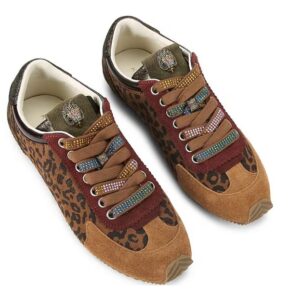 Kurt Geiger London Islington Leopard Print Suede Crystal Embellished Lace Logo Ornament Sneakers - Leopard Print (Tan/Brown) - Size 11 US