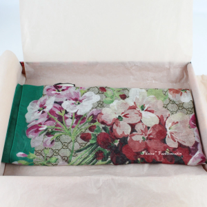 GUCCI Floral Logo Silk Cotton Scarf, Floral Green Border - Beige with Floral Pattern