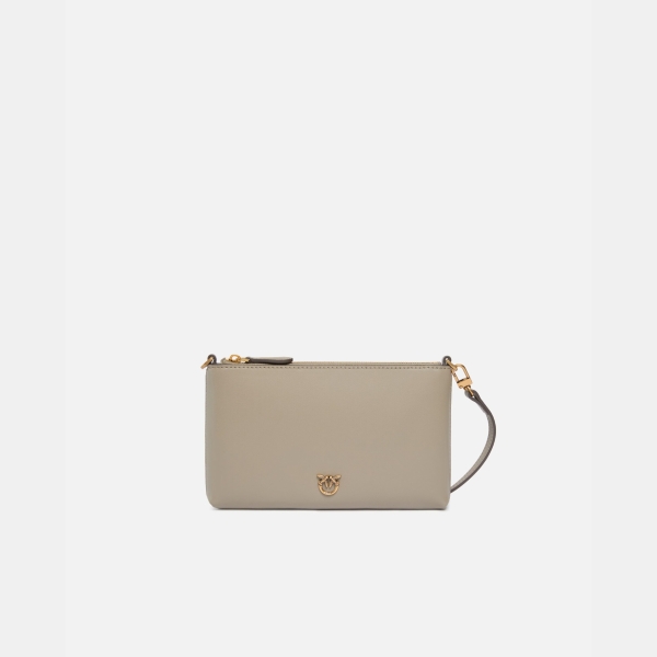 Pinko Flat leather clutch with Love Birds logo - Beige