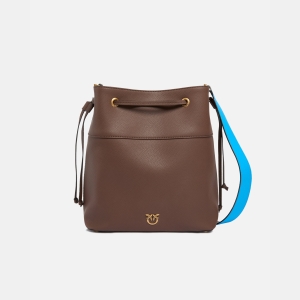 Pinko Medium full-grain leather bucket bag with Love Birds logo - Multicolor Lightblue-Brown