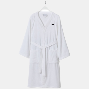 Lacoste Home Logo Patch 100% Cotton Pique Bath Robe - White