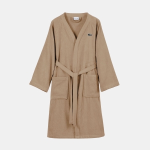 Lacoste Home Logo Patch 100% Cotton Pique Bath Robe - Sand