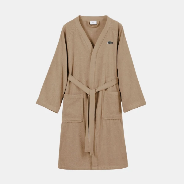Lacoste Home Logo Patch 100% Cotton Pique Bath Robe - Sand