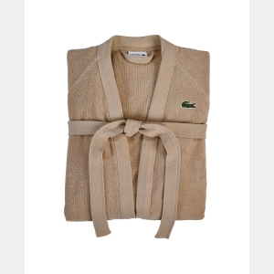 Lacoste Logo Patch 100% Cotton Pique Bath Robe - Sand - Image 3