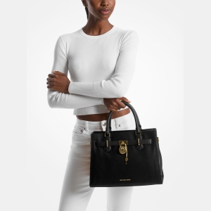 Michael Kors Outlet Hamilton Medium Leather Satchel - BLACK - Image 4