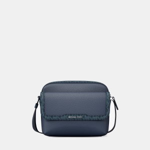 Michael Kors Outlet Cooper Medium Pebbled Leather and Signature Logo Camera Crossbody Bag - NAVY