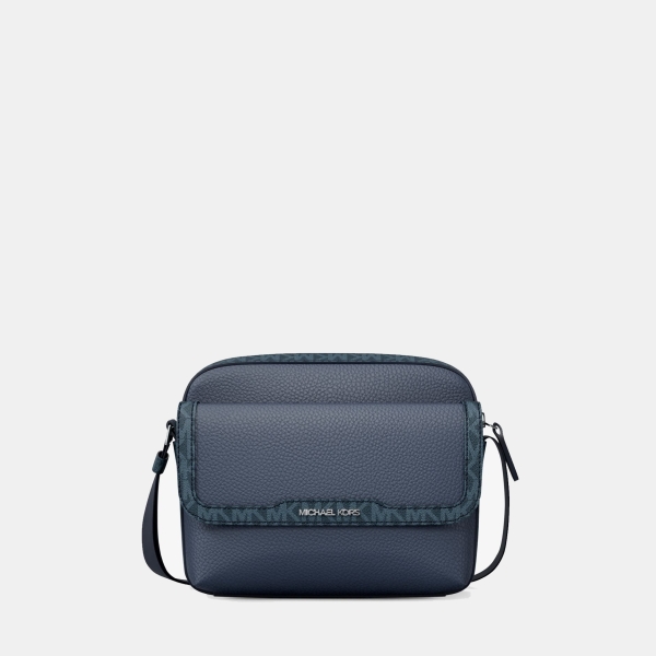 Michael Kors Outlet Cooper Medium Pebbled Leather and Signature Logo Camera Crossbody Bag - NAVY