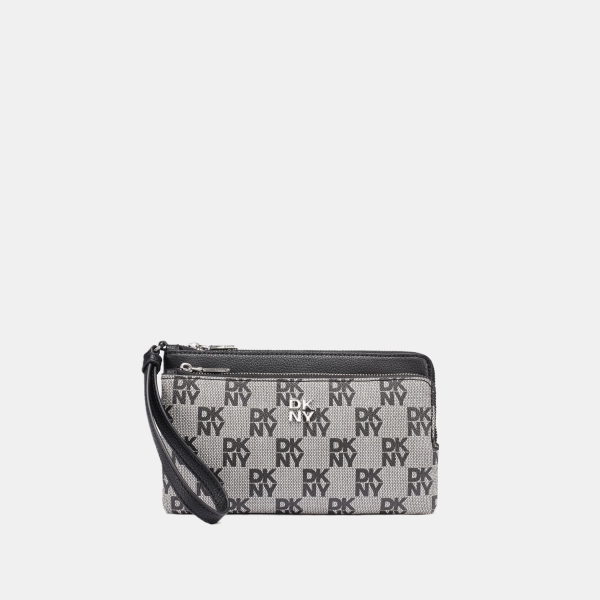 DKNY SARAH DUAL ZIP POUCH WRISTLET - Black Logo Black