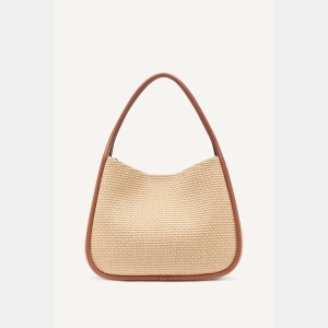 DKNY CAPRI WOVEN STRAW LARGE HOBO BAG - Natural/Saddle - Image 5