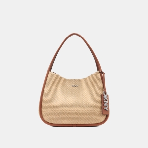 DKNY CAPRI WOVEN STRAW LARGE HOBO BAG - Natural/Saddle