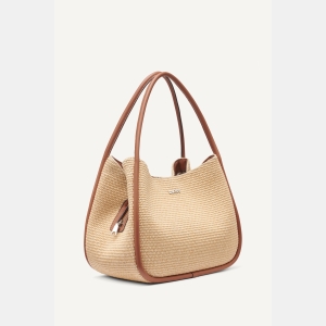 DKNY CAPRI WOVEN STRAW LARGE HOBO BAG - Natural/Saddle - Image 4