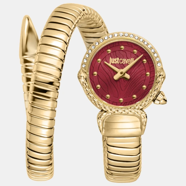Just Cavalli Snake Quartz Red Dial Women's Watch - Gold