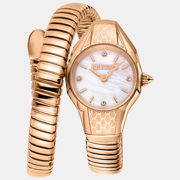 Just Cavalli Snake Quartz White Mother-of-Pearl Dial Women's Watch - Rose Gold