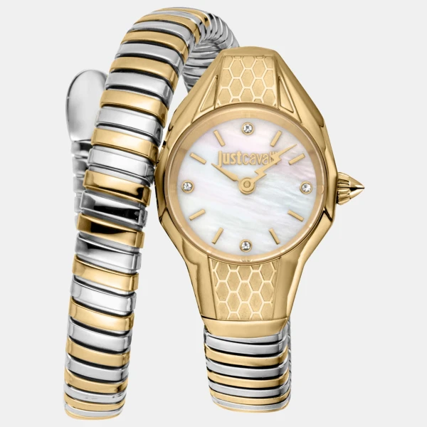 Just Cavalli Snake Quartz White Mother-of-Pearl Dial Women's Watch - Silver And Gold