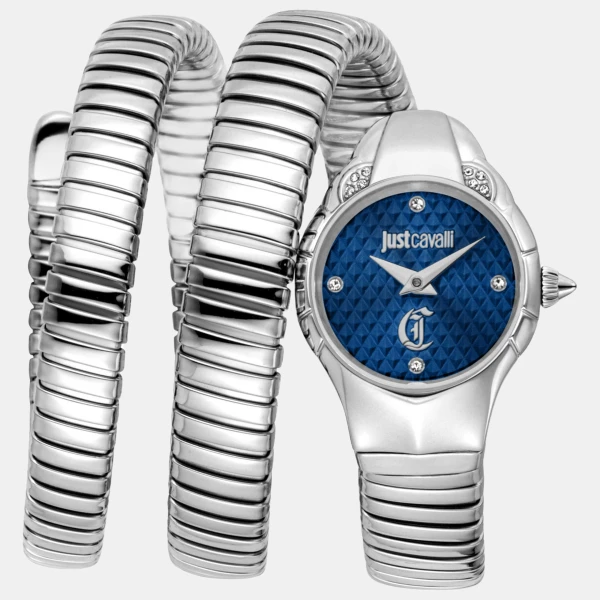 Just Cavalli Snake Quartz Dark Blue Dial Women's Watch - Silver