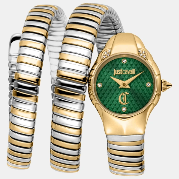 Just Cavalli Snake Quartz Dark Green Dial Women's Watch - Silver And Gold