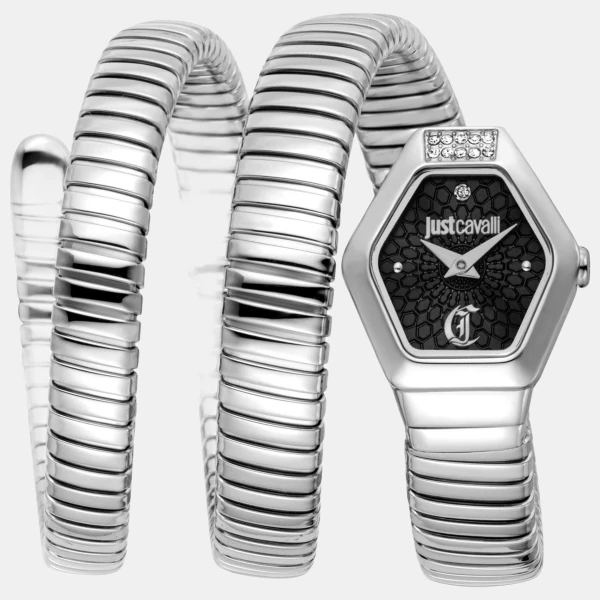 Just Cavalli Snake Quartz Black Dial Women's Watch - Silver