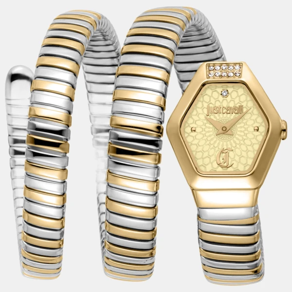 Just Cavalli Snake Quartz Champagne Dial Women's Watch - Silver And Gold