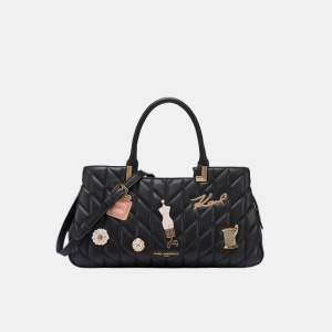 KARL LAGERFELD PARIS MERIBEL SATCHEL WITH OVERSIZED FASHION PINS - Black / Gold