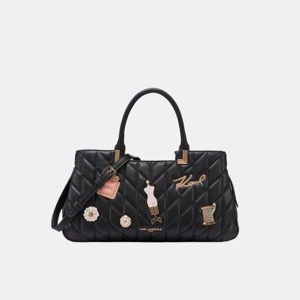 KARL LAGERFELD PARIS MERIBEL SATCHEL WITH OVERSIZED FASHION PINS - Black / Gold