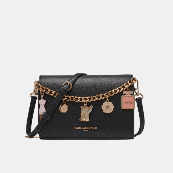 KARL LAGERFELD PARIS LOURDES CROSSBODY WITH FASHION CHAIN - Black / Gold