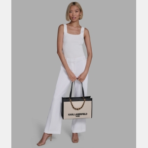 KARL LAGERFELD PARIS SAVOIE TOTE WITH CHAIN STRAP - Natural/Black - Image 10
