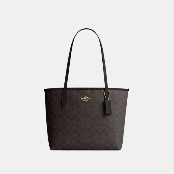 Coach Medium City Tote Bag In Signature Canvas - Gold/Walnut/Black