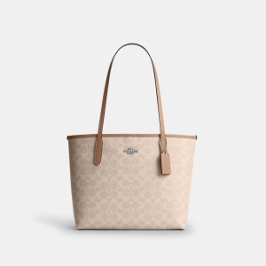 Coach Medium City Tote Bag In Signature Canvas - Silver/Sand/Taupe