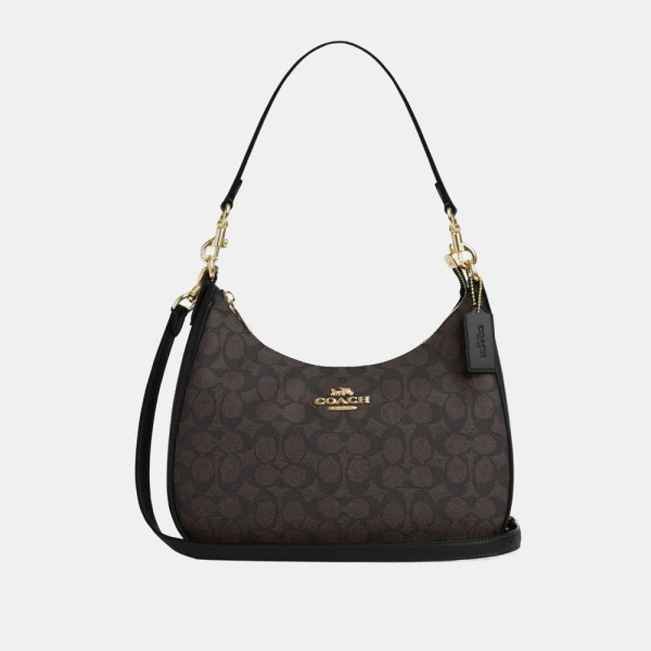 Coach Teri Hobo Bag In Signature Canvas - Gold/Walnut/Black