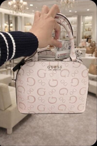Guess Satchel Bag with G Logo Pattern - Light Pink/Beige