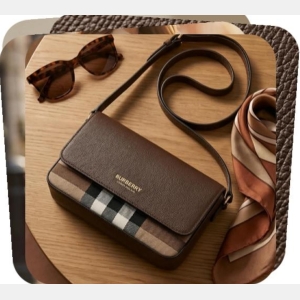 Burberry Crossbody Bag with Check Panel - Brown with Burberry Check Pattern