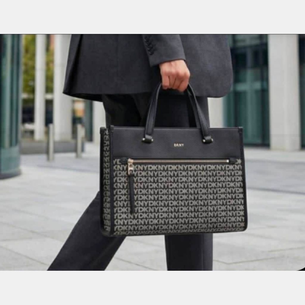 DKNY Logo Pattern Tote Bag with Front Zipper - Black with Logo Pattern