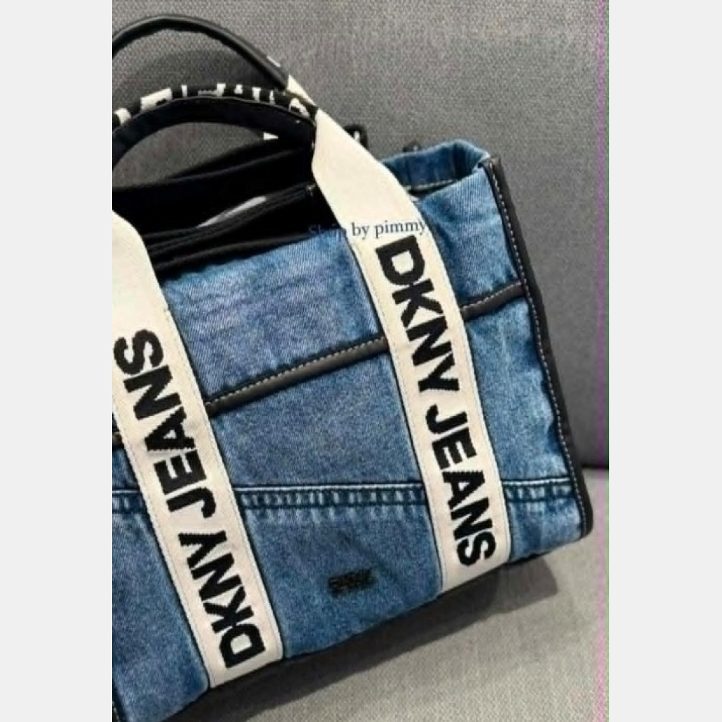 DKNY Denim Tote Bag with Logo Straps - Blue Denim