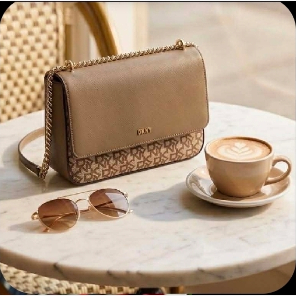 DKNY Shoulder Bag with Chain Strap - Taupe/Beige with Monogram