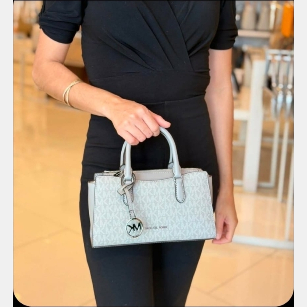 Michael Kors Monogram Top Handle Satchel Bag - Light Grey/Silver with White Monogram