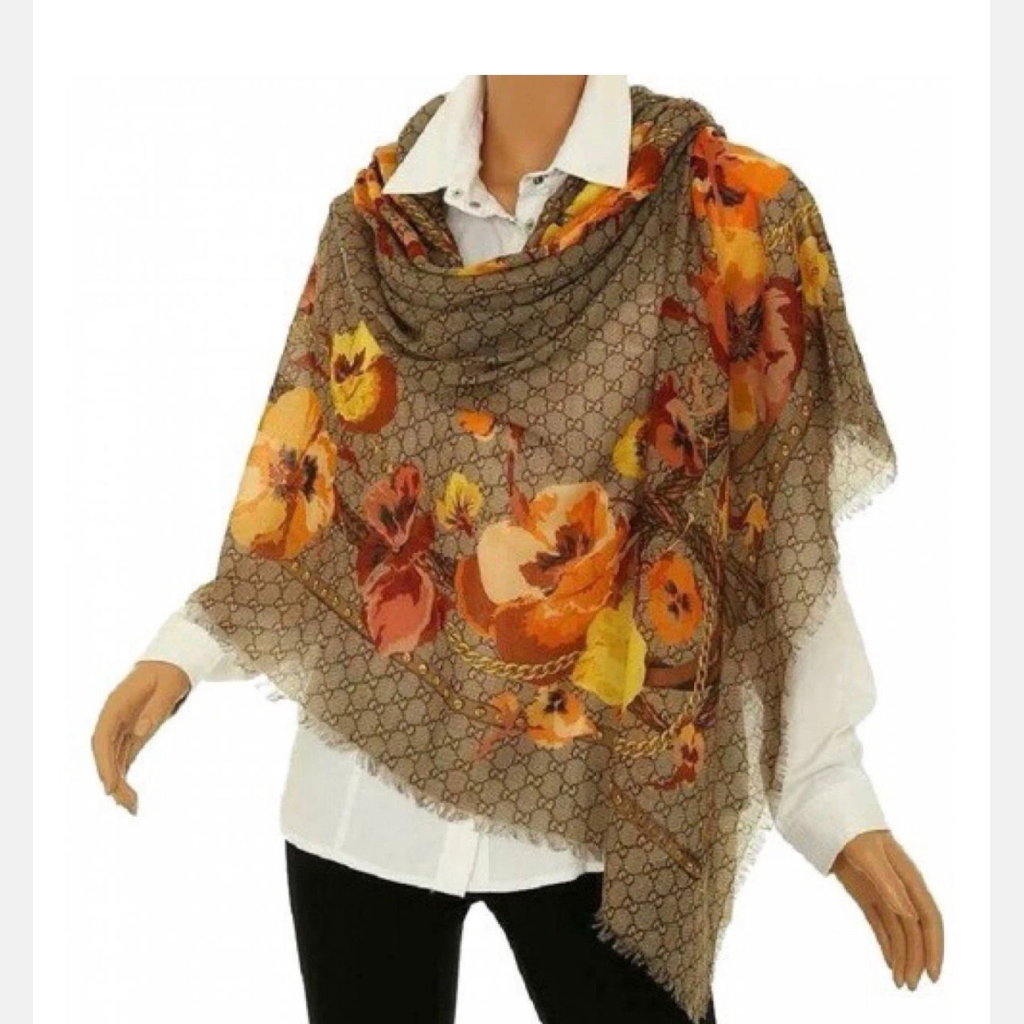 Gucci GG Monogram Floral Scarf - Brown/Tan with Orange, Red, and Yellow Floral Print