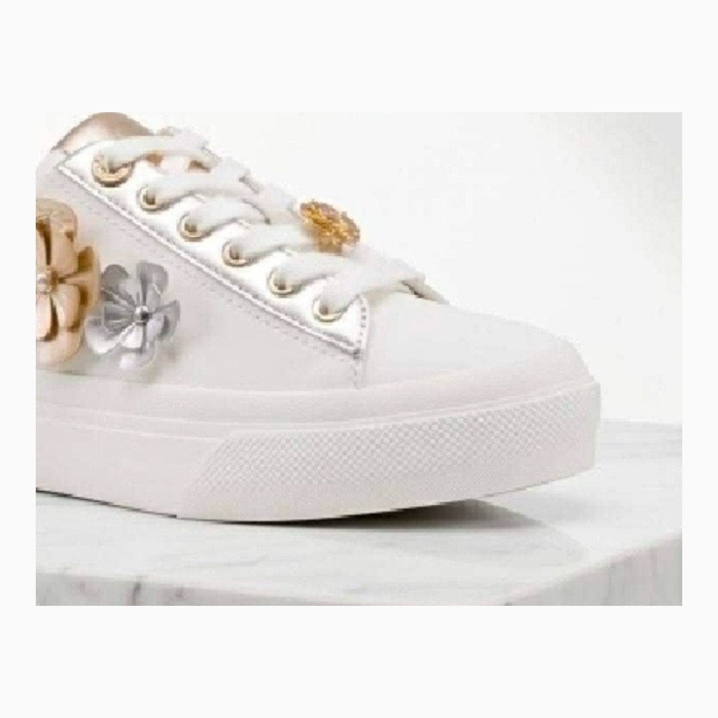 Karl Lagerfeld Paris Gael 2 Women's Sneaker - White with Metallic Flower Embellishments - Size 8 US