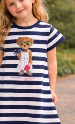 Polo Ralph Lauren Girl's Striped Polo Bear Dress - Navy Blue and White - Size 6 years