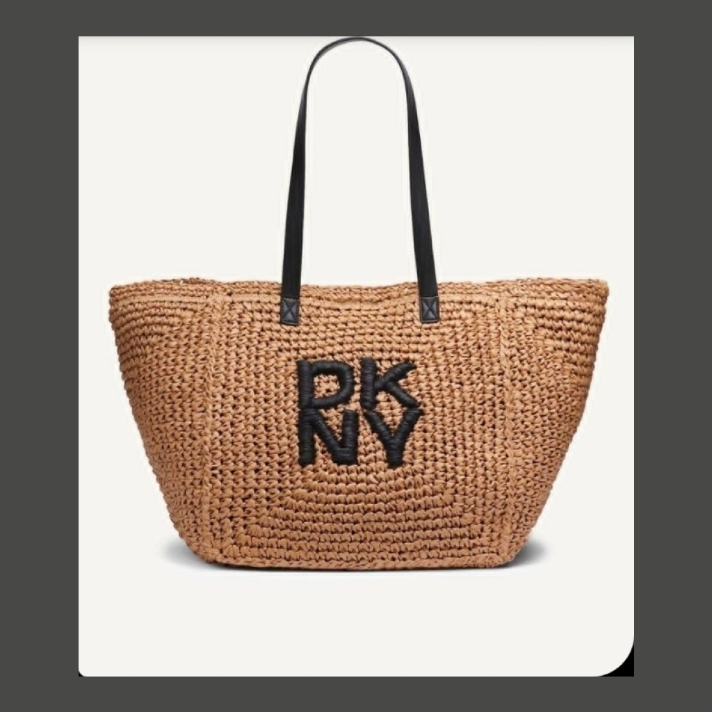 Woven Straw Tote Bag with DKNY Logo - Tan/Brown with Black handles