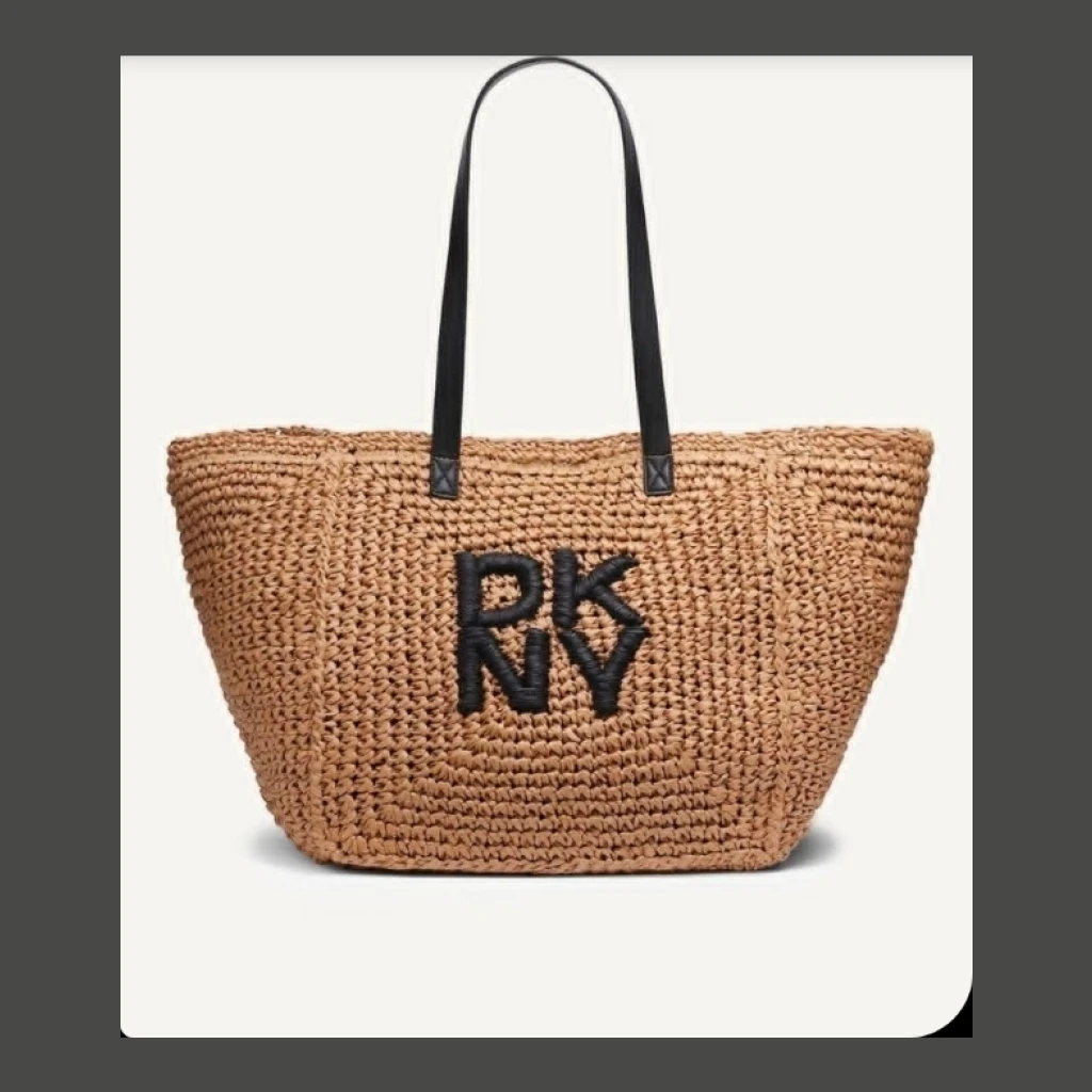 Woven Straw Tote Bag with DKNY Logo - Tan/Brown with Black handles