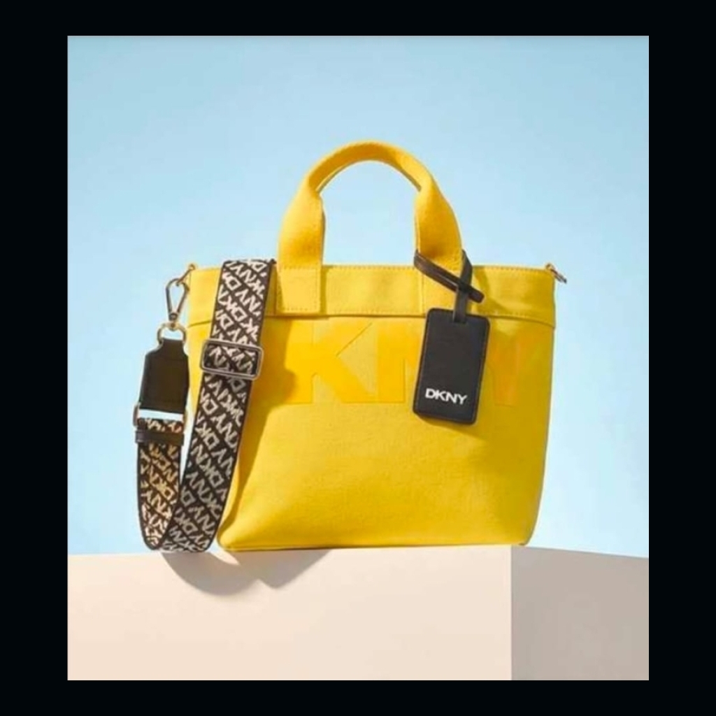 DKNY Yellow Canvas Tote Bag with Logo Strap - Yellow
