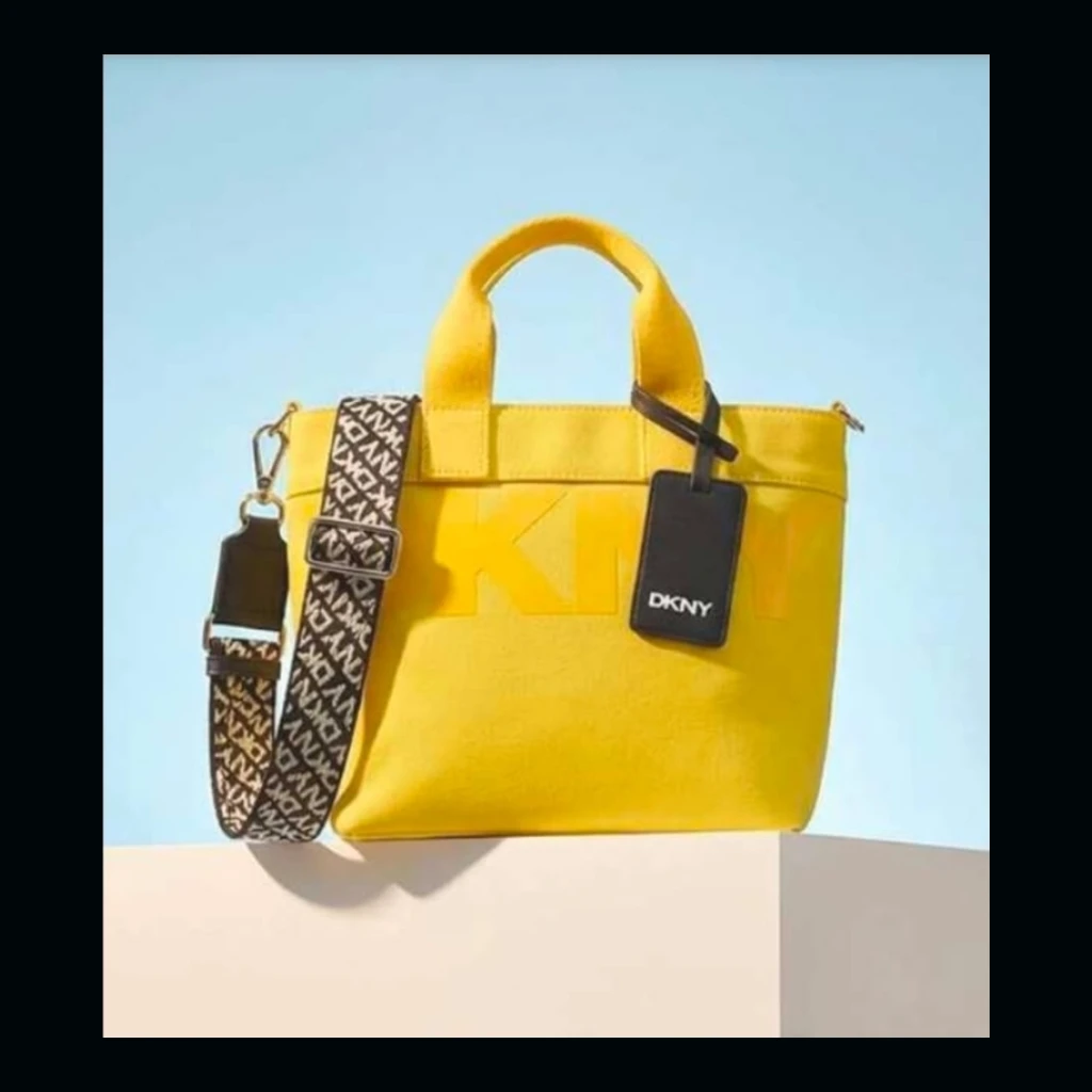 DKNY Yellow Canvas Tote Bag with Logo Strap - Yellow
