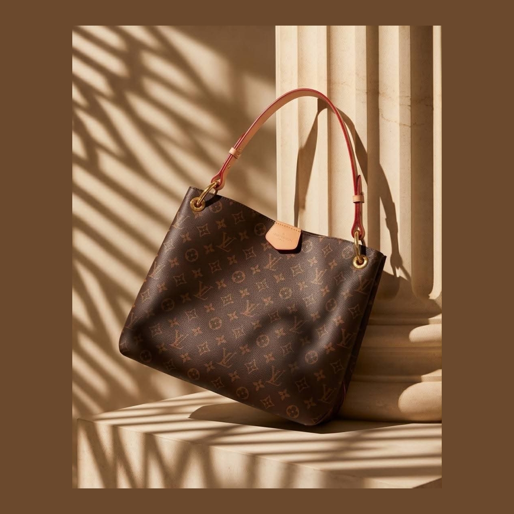 Louis Vuitton Monogram Canvas Tote Bag - Dark Brown Monogram with Tan/Red Handles