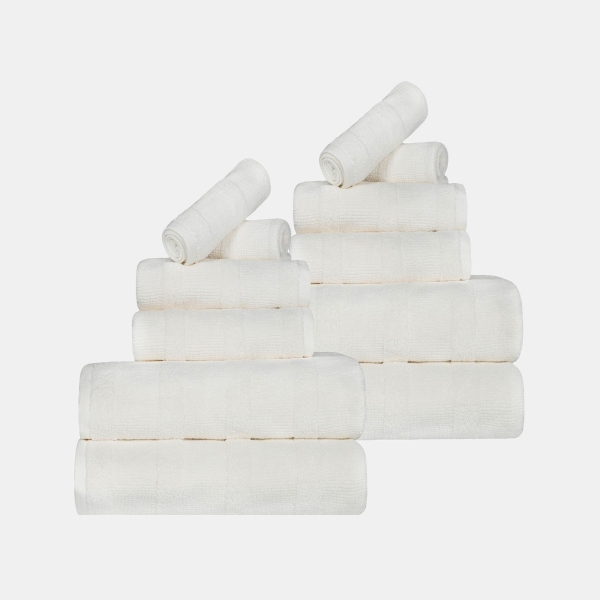Roma Ribbed Turkish Cotton Quick-Dry Solid Assorted Highly Absorbent Towel 12 Piece Set - Ivory