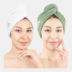 2-Pack Hair Drying Towels, 26" x 13" - White-Sage Green